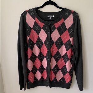 croft & barrow Charcoal Cardigan with Pink Argyle